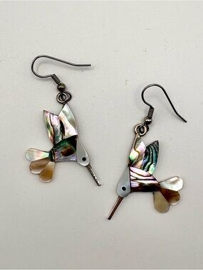Handmade Alpaca Mexico Hummingbird Abalone and Mother of Pearl Dangle Earrings